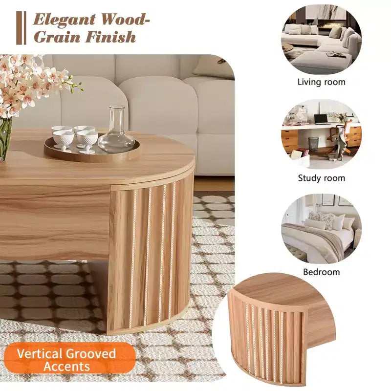 Table basse relevable de 120 cm, table centrale ovale en bois avec rangement caché, table basse moderne pour salon, chambre, bureau