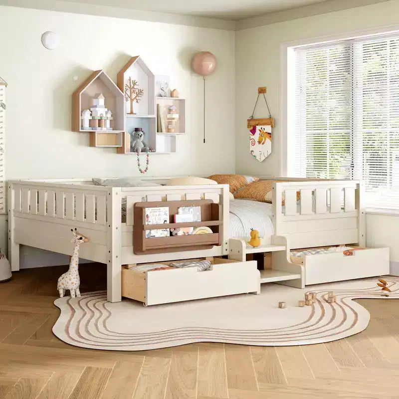 Lit pour tout-petits Bellemave Queen Size avec 14 barrières de sécurité, cadre de lit peu encombrant avec étagères intégrées et 2 tiroirs de rangement sous le lit