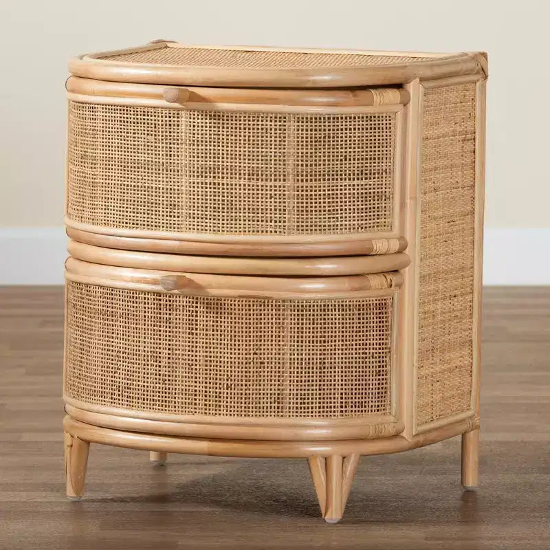Table de chevet bali & pari Oleta moderne bohème en rotin naturel marron à 2 tiroirs