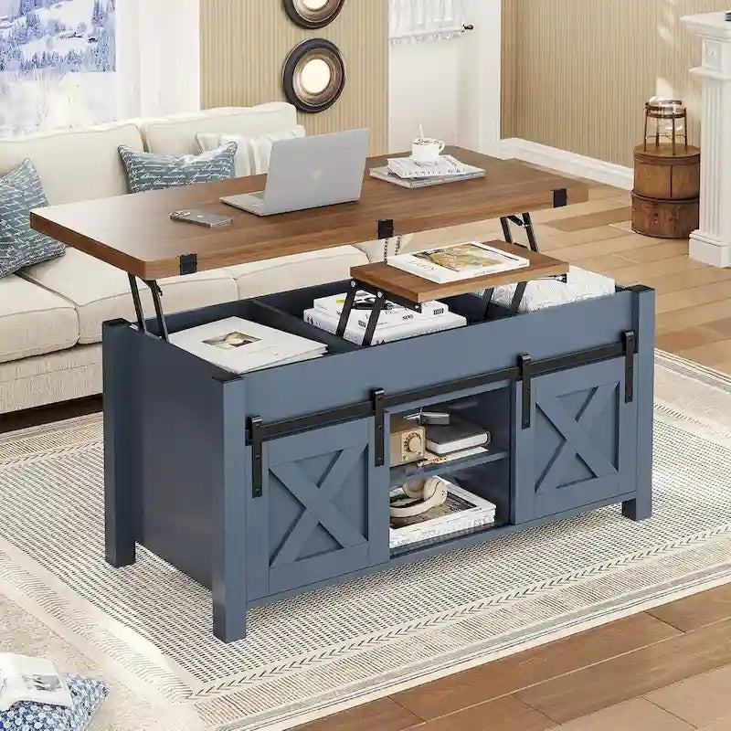 Table basse relevable avec 2 portes de grange coulissantes et rangement