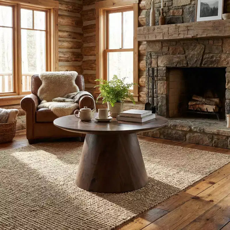 Table basse ronde en MDF, aspect bois de noyer, 60 cm de diamètre, 35 cm de hauteur
