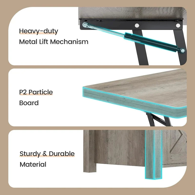 Table basse relevable avec 2 portes de grange coulissantes et rangement
