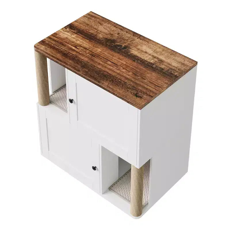 Meuble cache-litière double avec poteaux à griffer et tapis de litière à double couche pour animaux de compagnie d'intérieur