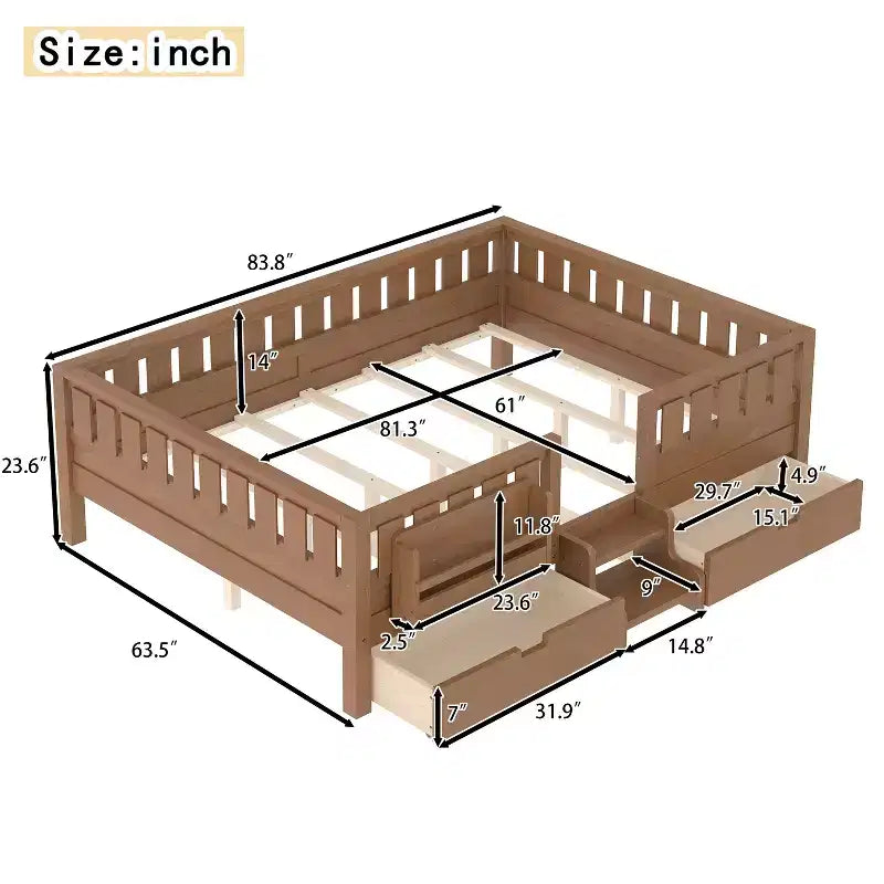 Lit pour tout-petits Bellemave Queen Size avec 14 barrières de sécurité, cadre de lit peu encombrant avec étagères intégrées et 2 tiroirs de rangement sous le lit