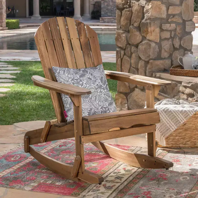 Okak Fauteuil à bascule rustique Adirondack en acacia de qualité supérieure, 1 pièce, chaise longue d'extérieur pour véranda, jardin et arrière-cour, naturel