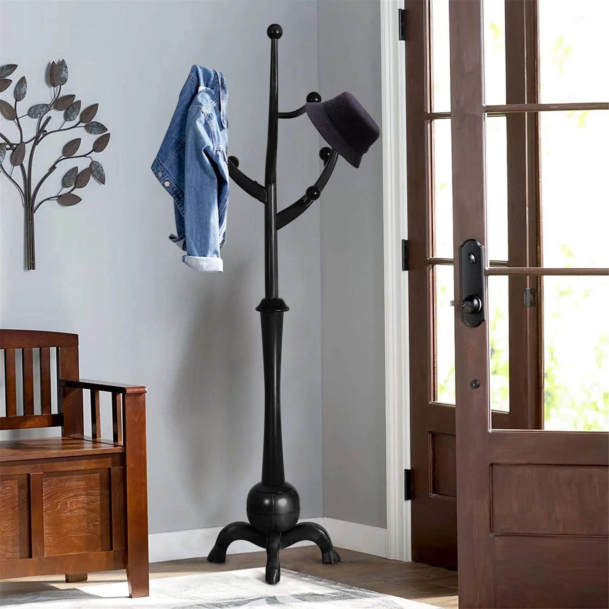 Porte-manteau sur pied en bois d'hévéa forme branche d'arbre avec 8 crochets - 24,5 L x 70,87 H
