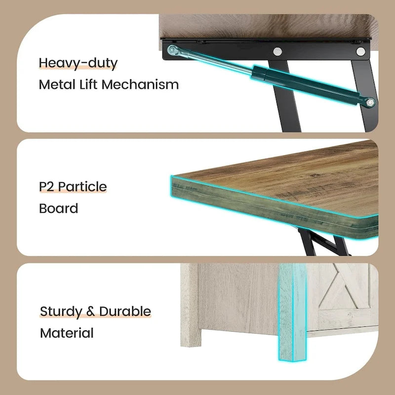Table basse relevable avec 2 portes de grange coulissantes et rangement