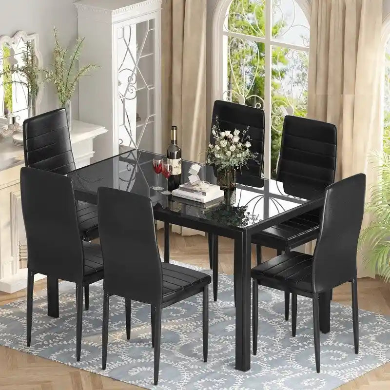 Ensemble de salle à manger 7 pièces Grondin Modern Style avec table en verre trempé et 6 chaises rembourrées en cuir PU