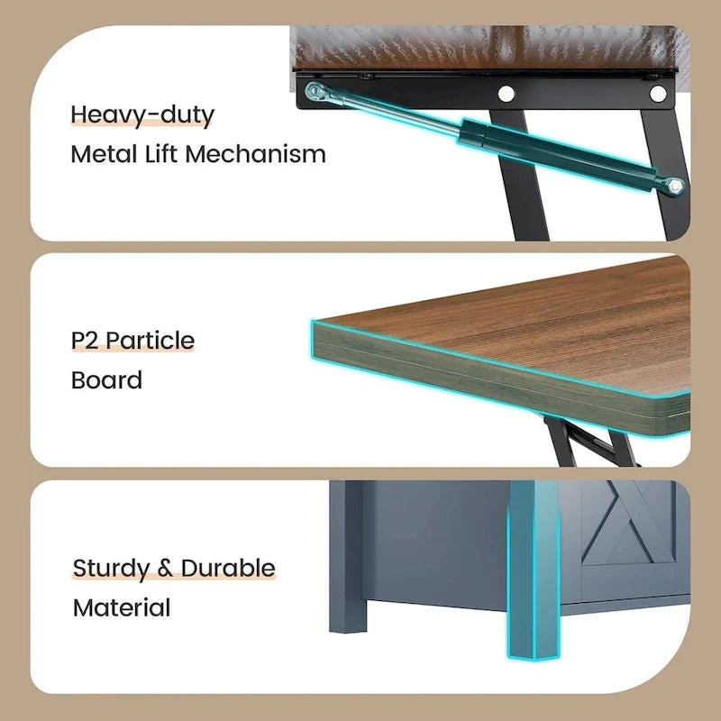 Table basse relevable avec 2 portes de grange coulissantes et rangement