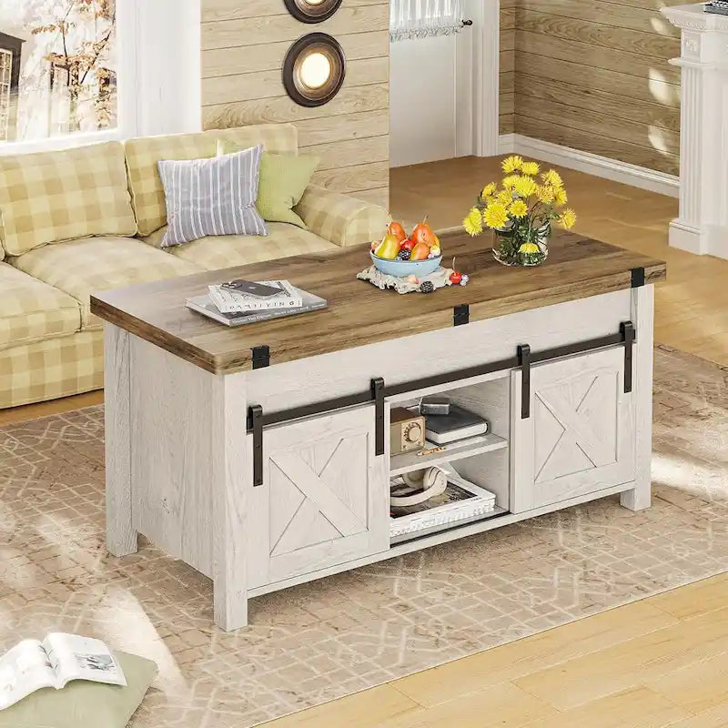 Table basse relevable avec 2 portes de grange coulissantes et rangement