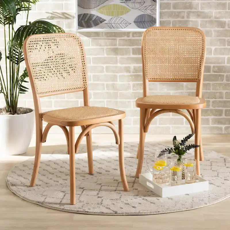 Ensemble de 2 chaises de salle à manger Neah en rotin tressé et bois, style Mid-Century Modern