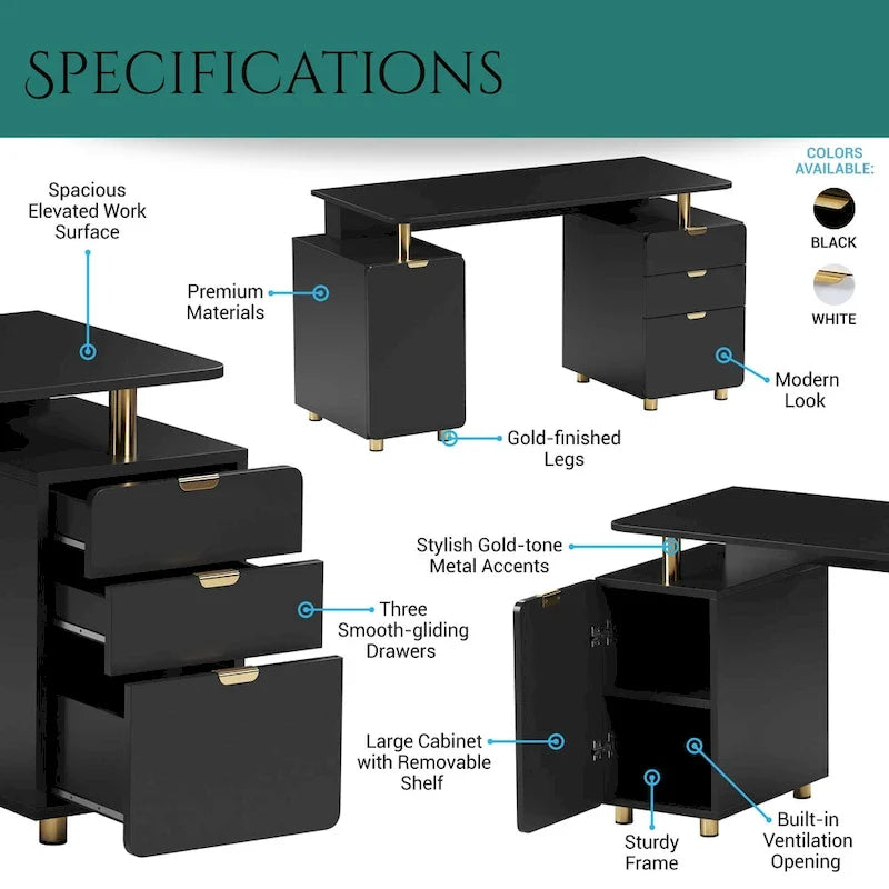 Bureau flottant exécutif moderne avec 3 tiroirs et surface de travail élégante