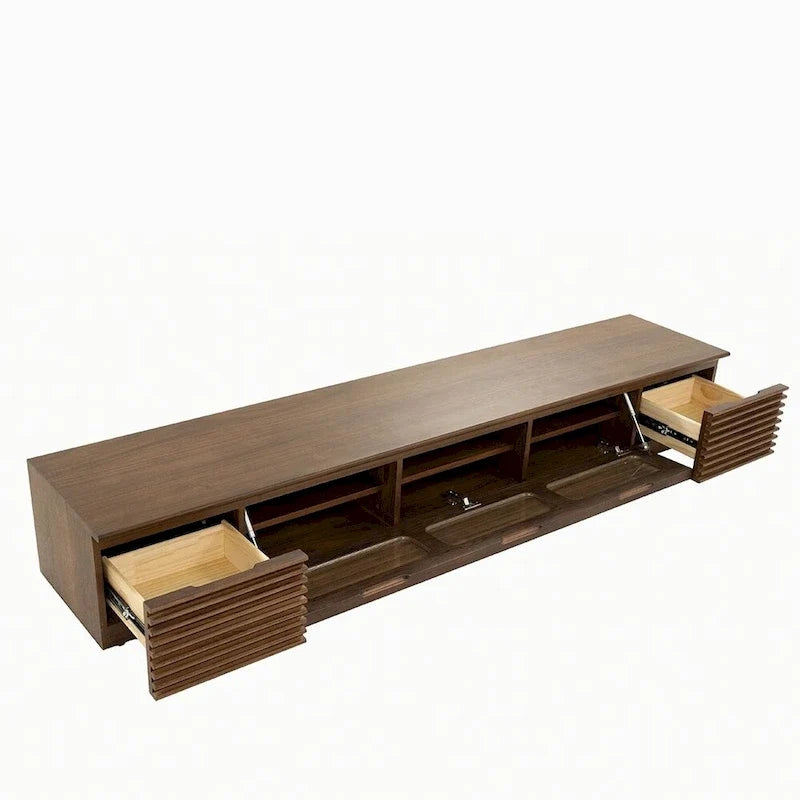 Meuble TV minimaliste avec tiroirs, console multimédia en bois massif avec placards, porte abattante, placage noyer, entièrement assemblé