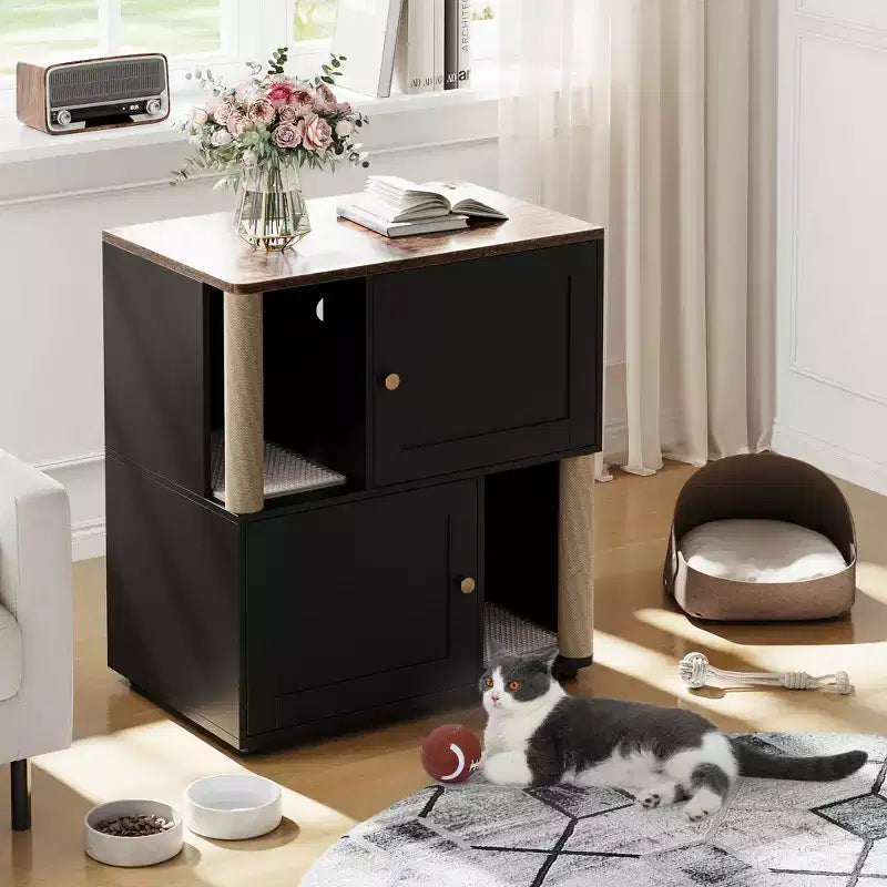 Meuble cache-litière double avec poteaux à griffer et tapis de litière à double couche pour animaux de compagnie d'intérieur