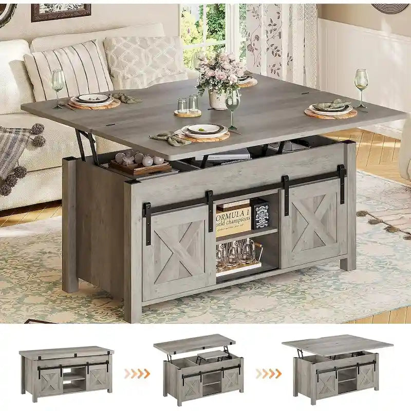 Table basse relevable avec 2 portes de grange coulissantes et rangement
