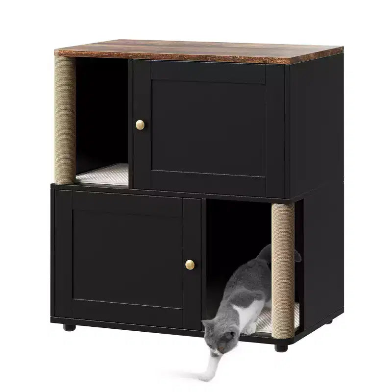 Meuble cache-litière double avec poteaux à griffer et tapis de litière à double couche pour animaux de compagnie d'intérieur