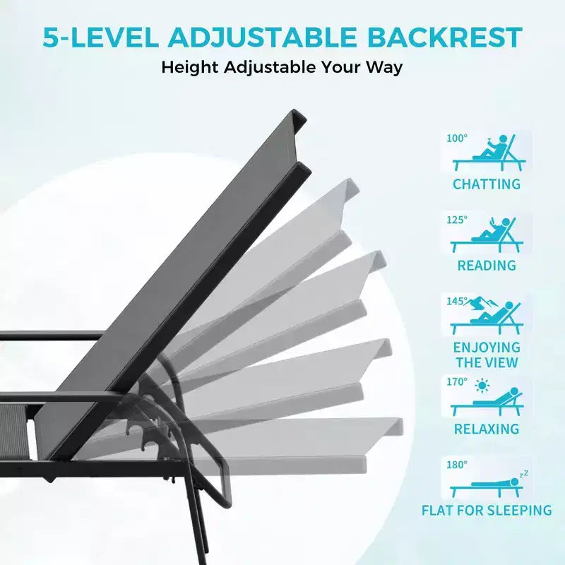 Lot de 2 chaises longues de jardin, transat inclinable réglable sur 5 positions, tissu Textilène, chaise longue de piscine de 193 cm pour terrasse, jardin et bord de piscine