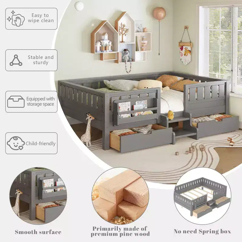 Lit pour tout-petits Bellemave Queen Size avec 14 barrières de sécurité, cadre de lit peu encombrant avec étagères intégrées et 2 tiroirs de rangement sous le lit