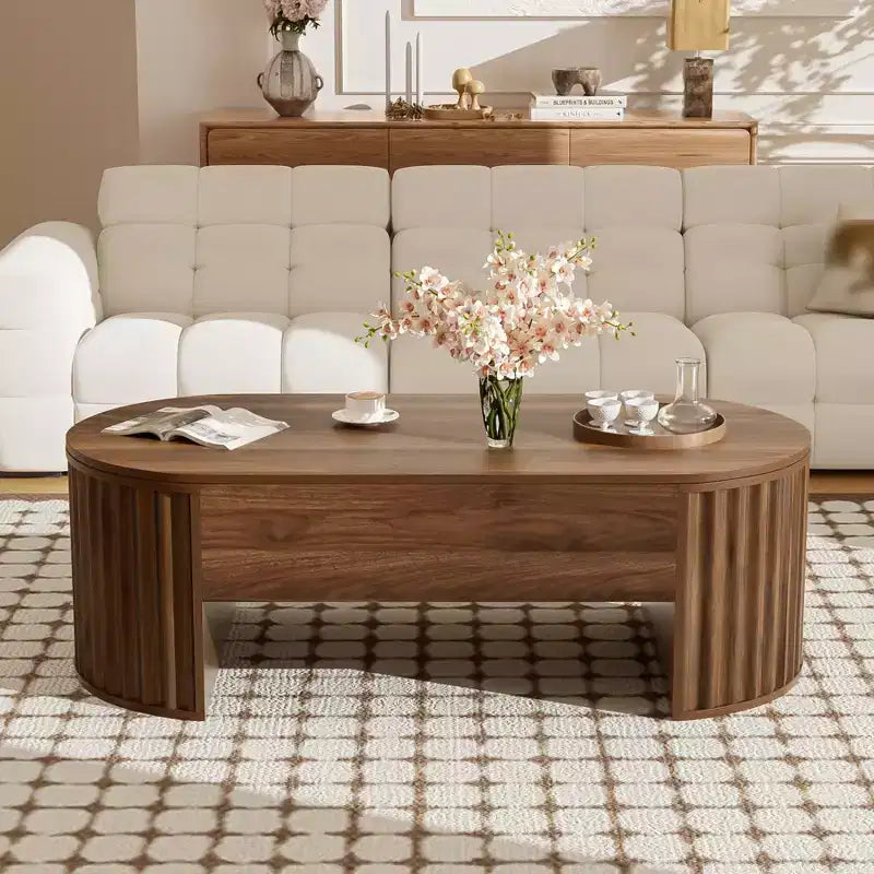 Table basse relevable de 120 cm, table centrale ovale en bois avec rangement caché, table basse moderne pour salon, chambre, bureau