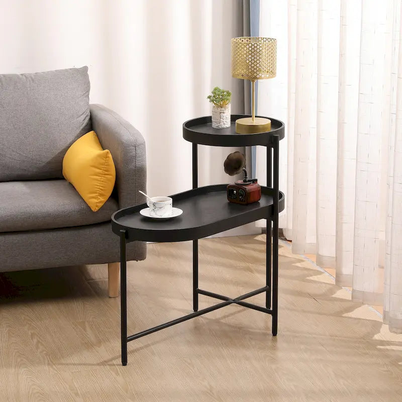 2-Tier Black Side Table with Storage for Living Room