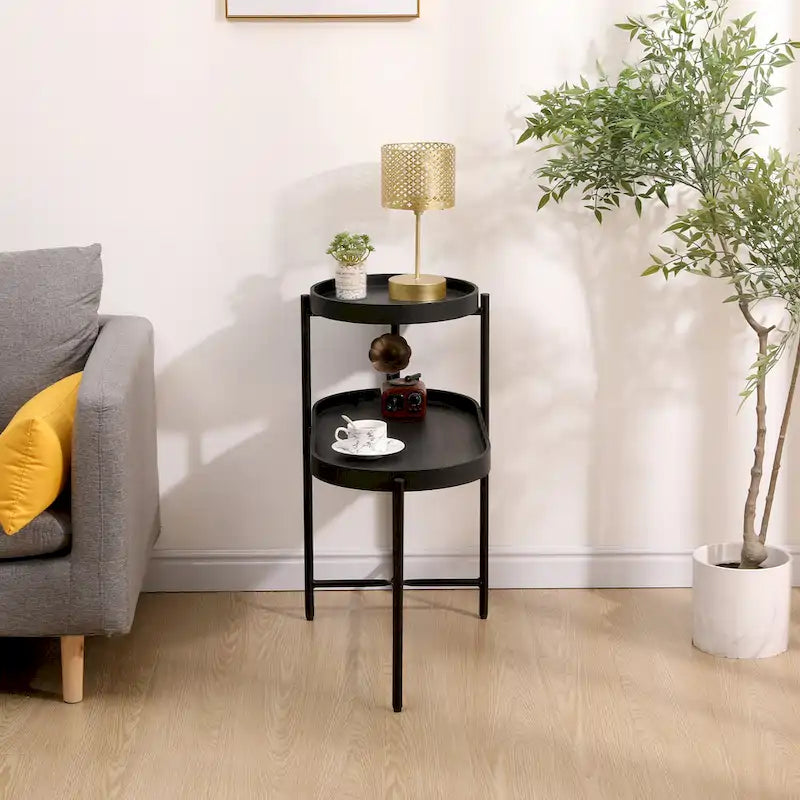 2-Tier Black Side Table with Storage for Living Room