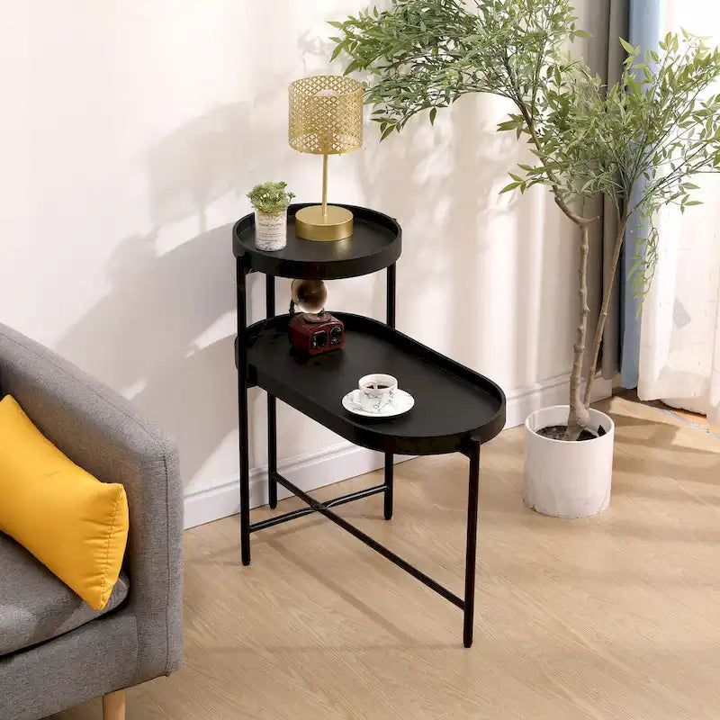 2-Tier Black Side Table with Storage for Living Room