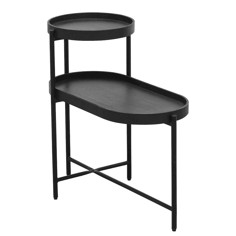 2-Tier Black Side Table with Storage for Living Room