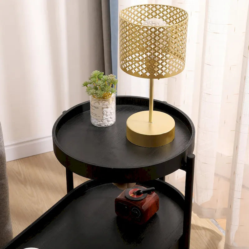 2-Tier Black Side Table with Storage for Living Room