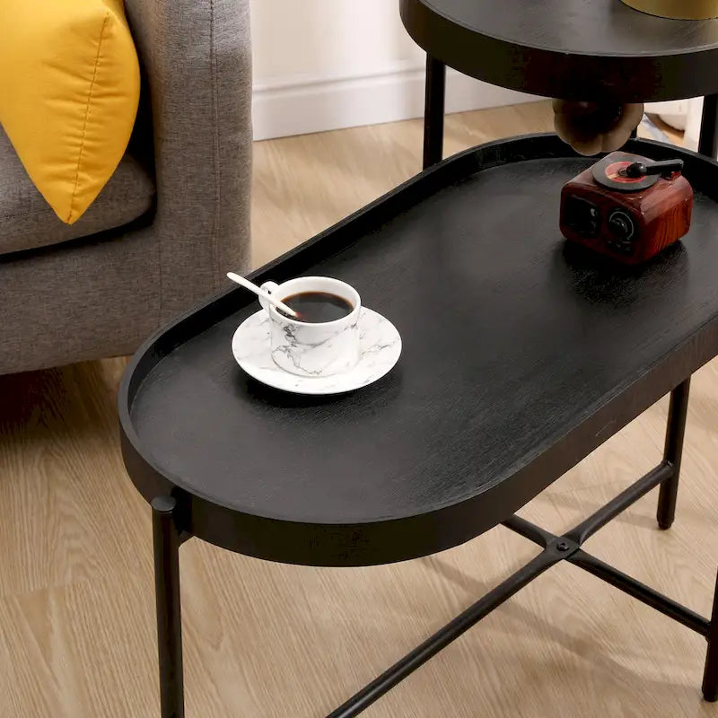 2-Tier Black Side Table with Storage for Living Room
