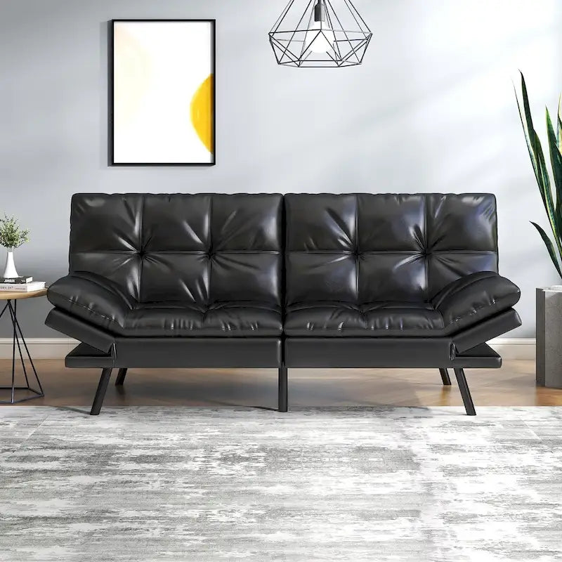 Faux Leather Convertible Futon Sofa Bed with Adjustable Splitback Armrests, Twin Size