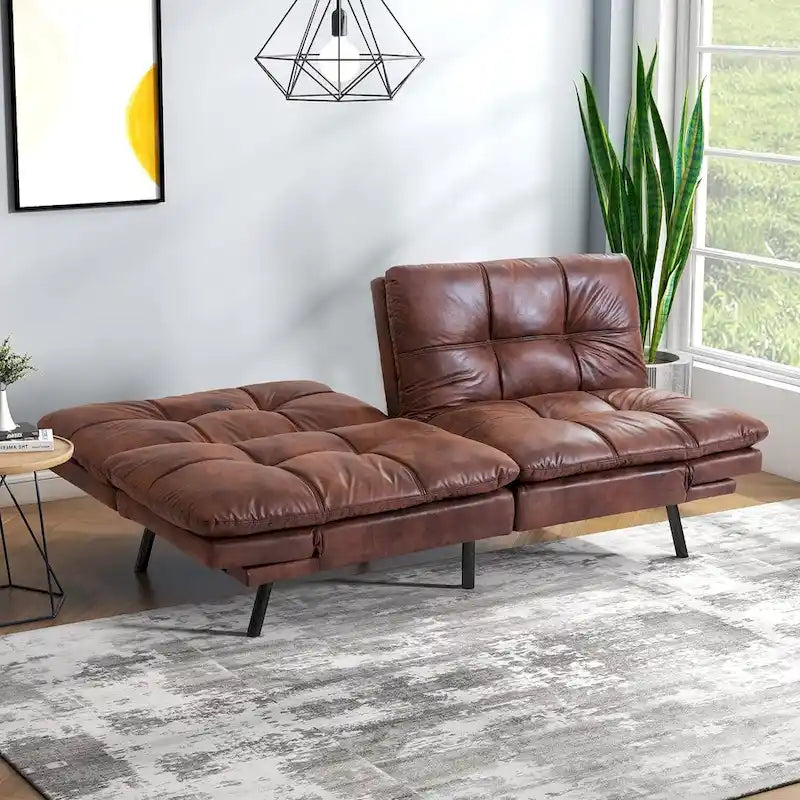 Faux Leather Convertible Futon Sofa Bed with Adjustable Splitback Armrests, Twin Size