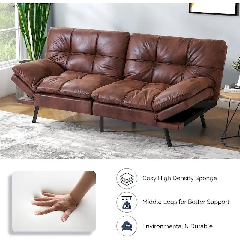 Faux Leather Convertible Futon Sofa Bed with Adjustable Splitback Armrests, Twin Size