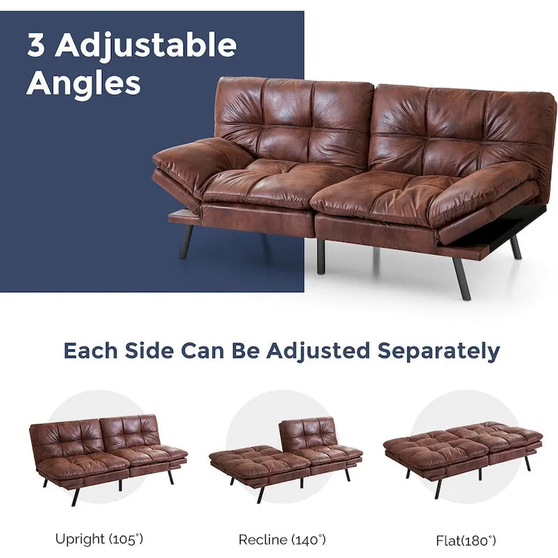 Faux Leather Convertible Futon Sofa Bed with Adjustable Splitback Armrests, Twin Size