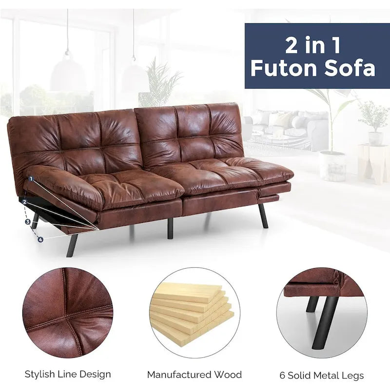 Faux Leather Convertible Futon Sofa Bed with Adjustable Splitback Armrests, Twin Size