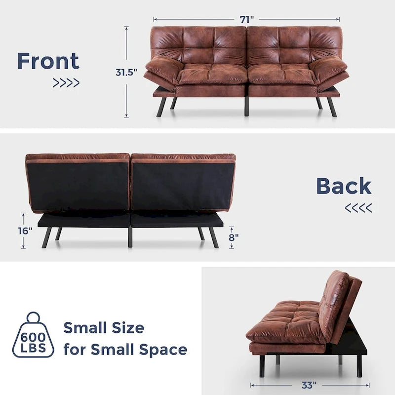 Faux Leather Convertible Futon Sofa Bed with Adjustable Splitback Armrests, Twin Size
