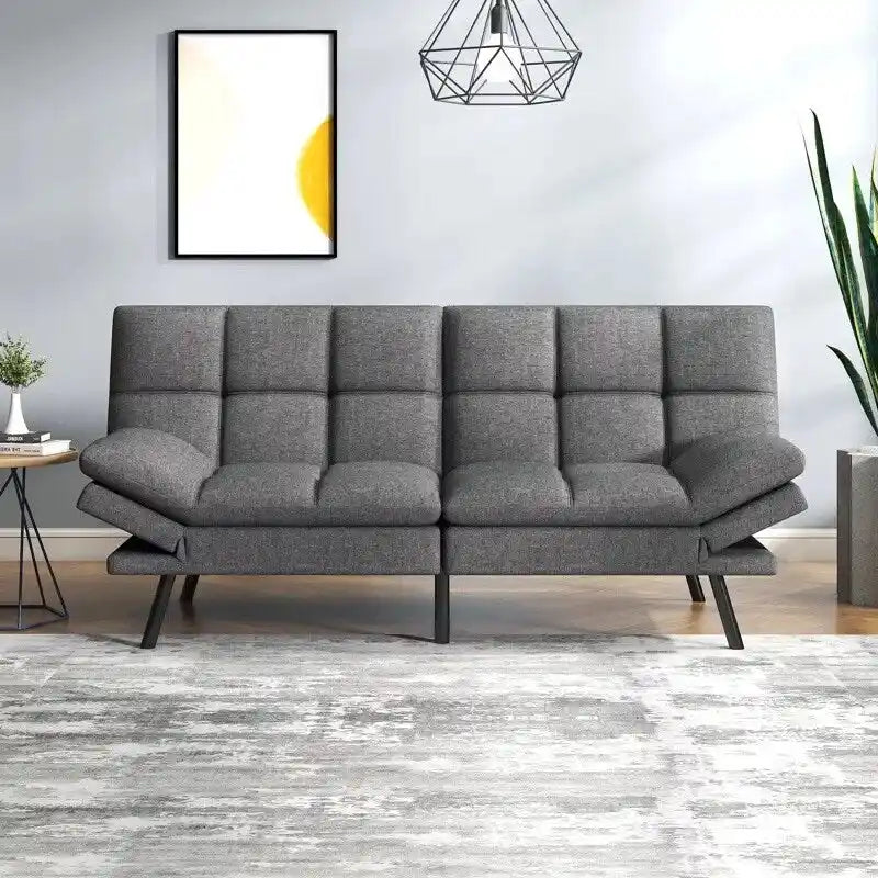 Faux Leather Convertible Futon Sofa Bed with Adjustable Splitback Armrests, Twin Size
