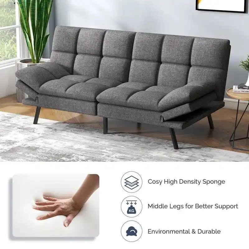 Faux Leather Convertible Futon Sofa Bed with Adjustable Splitback Armrests, Twin Size