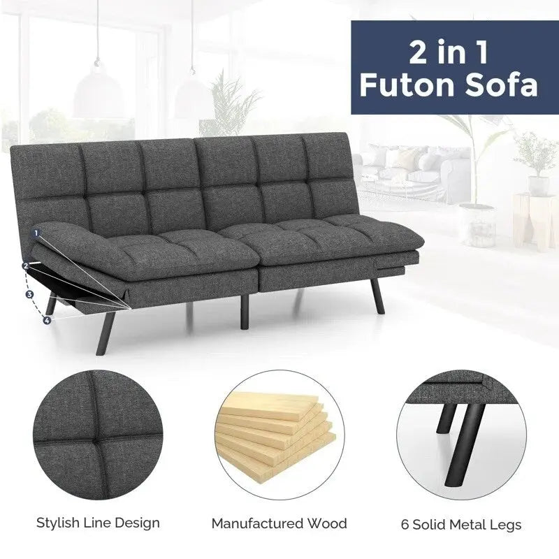 Faux Leather Convertible Futon Sofa Bed with Adjustable Splitback Armrests, Twin Size
