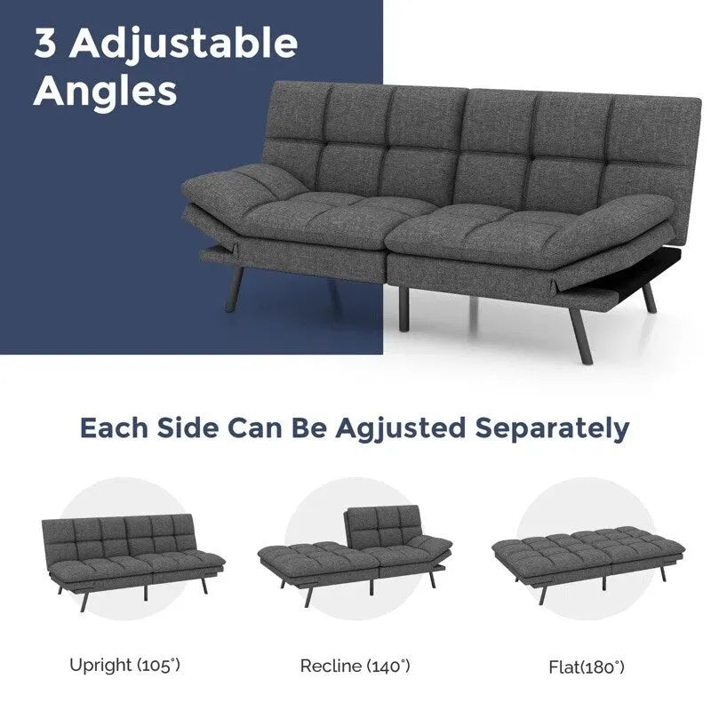 Faux Leather Convertible Futon Sofa Bed with Adjustable Splitback Armrests, Twin Size