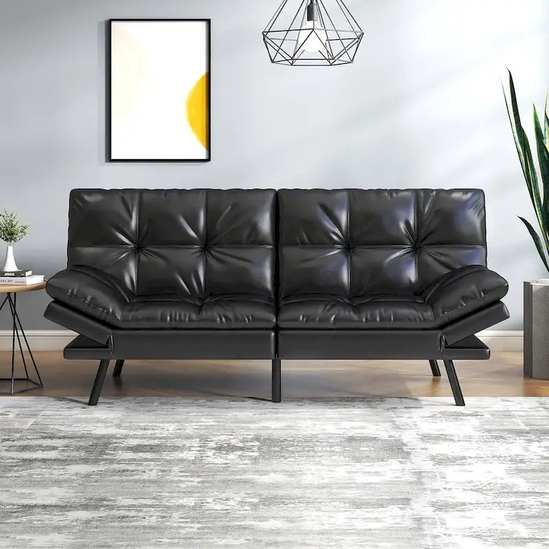 Faux Leather Convertible Futon Sofa Bed with Adjustable Splitback Armrests, Twin Size