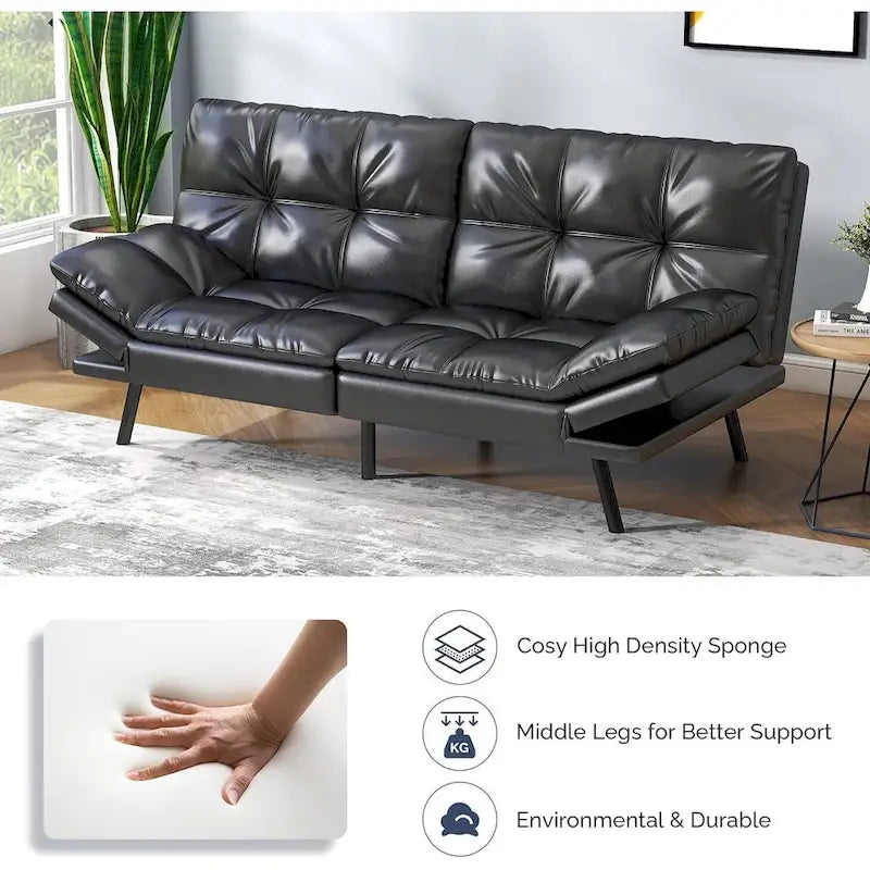 Faux Leather Convertible Futon Sofa Bed with Adjustable Splitback Armrests, Twin Size