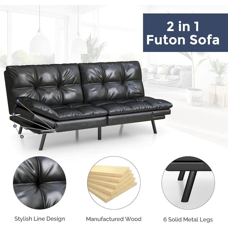 Faux Leather Convertible Futon Sofa Bed with Adjustable Splitback Armrests, Twin Size