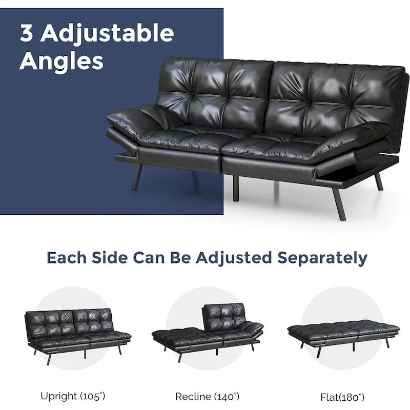 Faux Leather Convertible Futon Sofa Bed with Adjustable Splitback Armrests, Twin Size