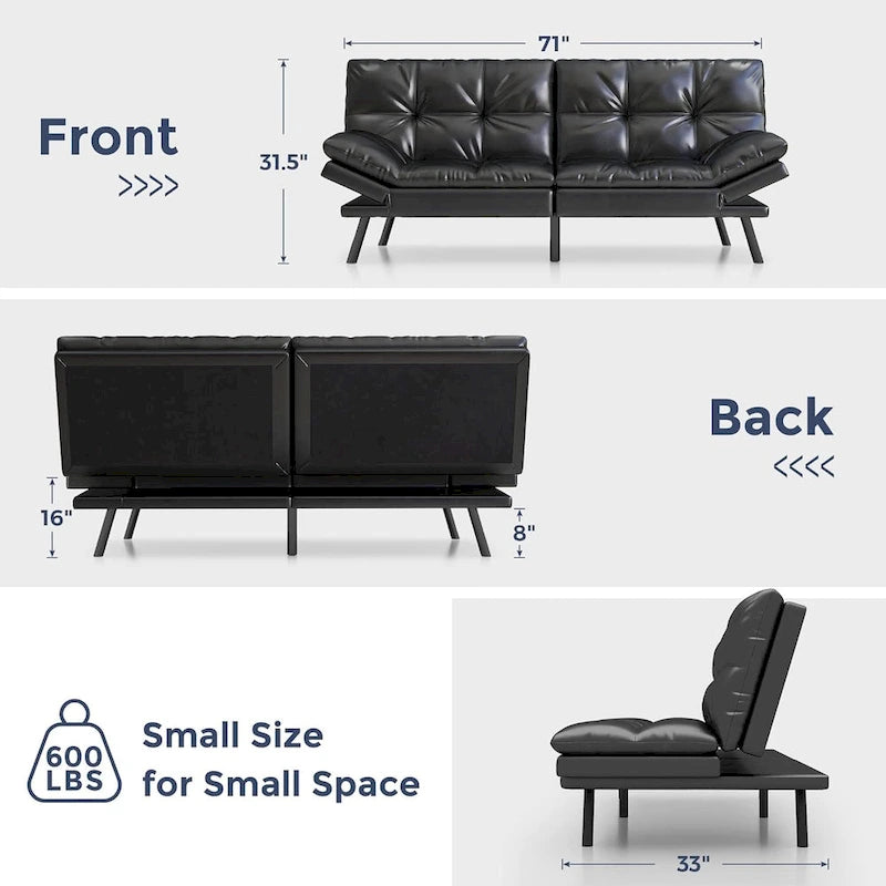 Faux Leather Convertible Futon Sofa Bed with Adjustable Splitback Armrests, Twin Size