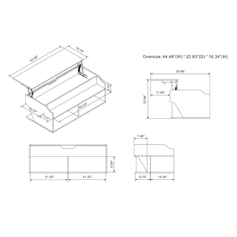 Table basse relevable en chêne noir de transition de 44 pouces