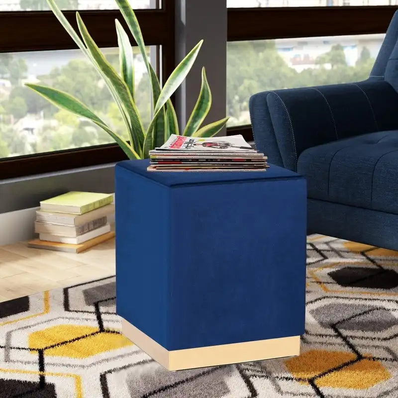 Square Ottoman Footrest Velvet Vanity Stool with Gold Trim