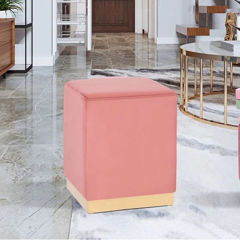 Square Ottoman Footrest Velvet Vanity Stool with Gold Trim