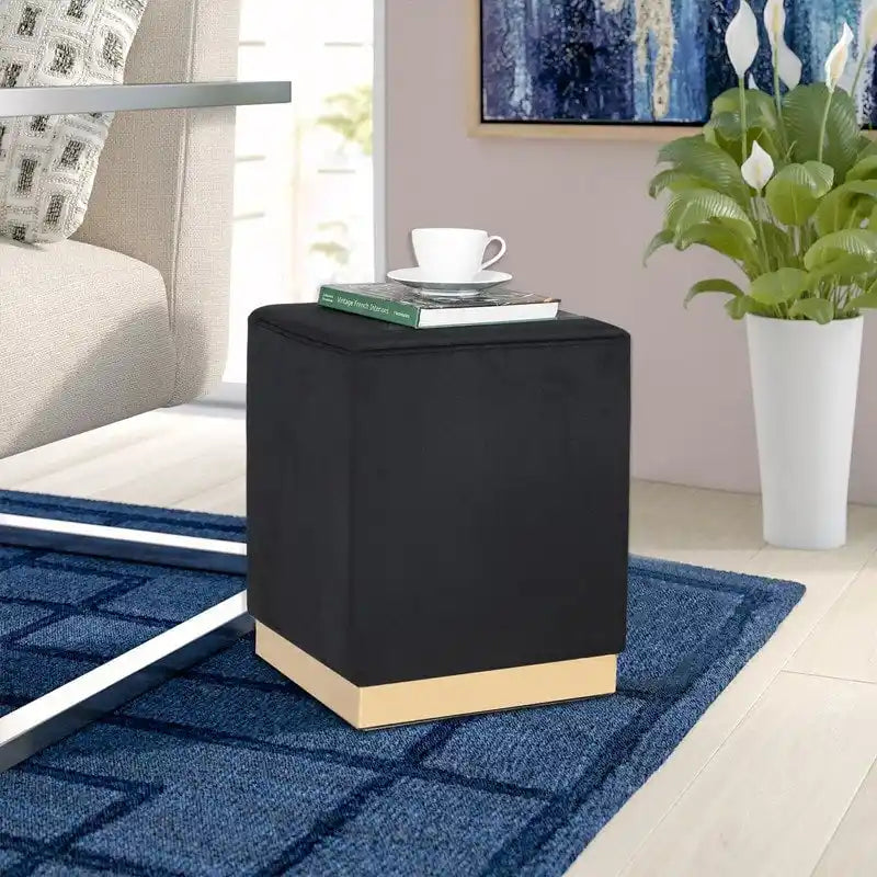 Square Ottoman Footrest Velvet Vanity Stool with Gold Trim