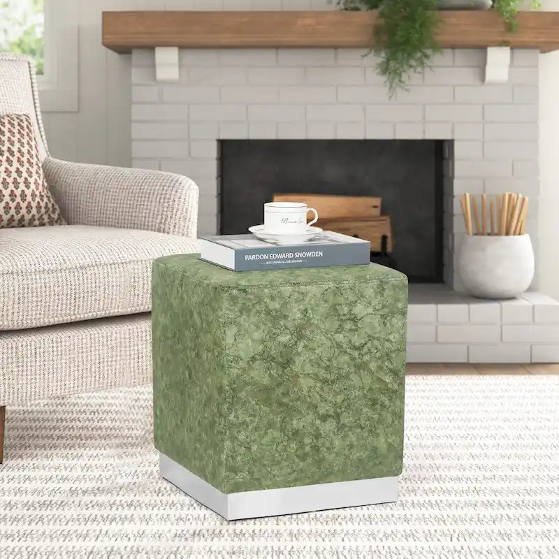 Square Ottoman Footrest Velvet Vanity Stool with Gold Trim