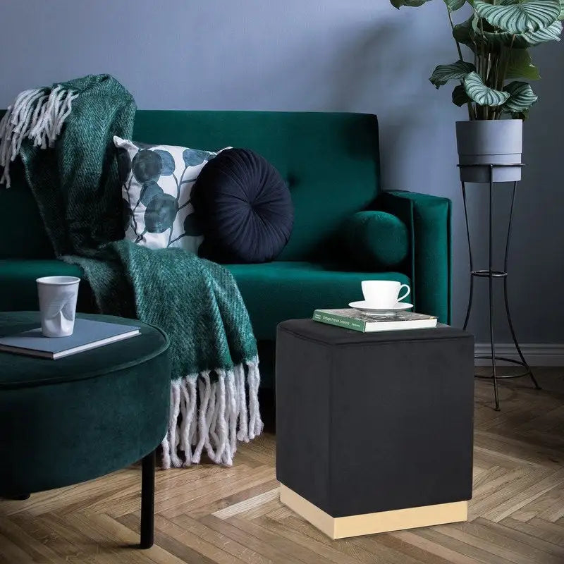 Square Ottoman Footrest Velvet Vanity Stool with Gold Trim